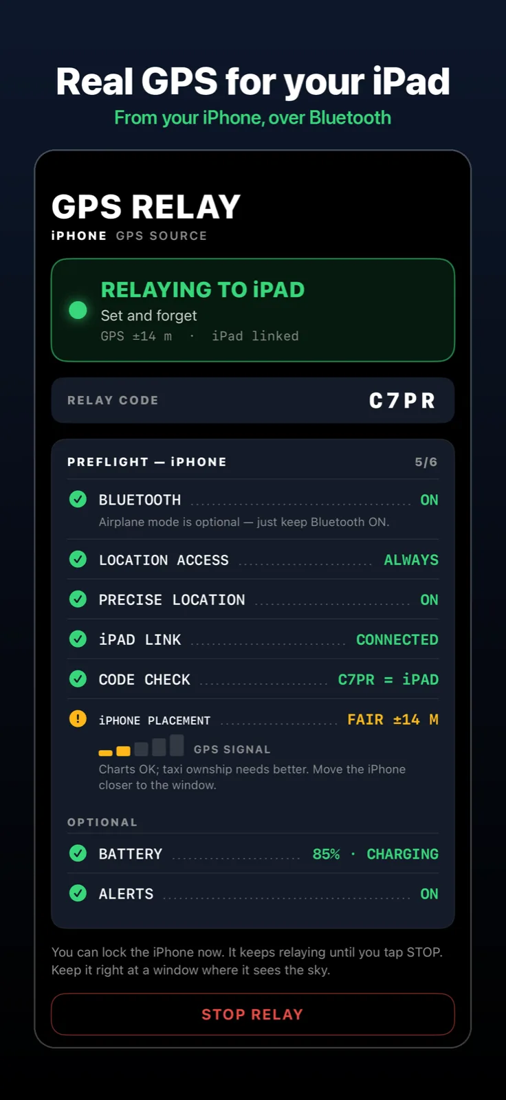 GPS Relay on iPhone: relay status screen